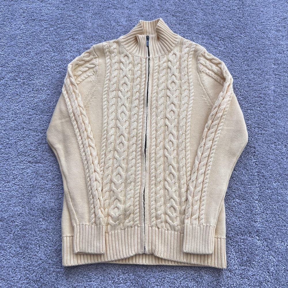 L.L. Bean Cable Knit Full Zip Cardigan Sweater Womens Small Yellow Mock Neck‎